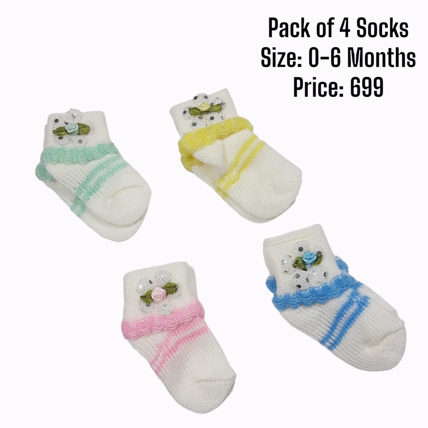 Pack of 4 Socks For 0-6Months Baby Girls