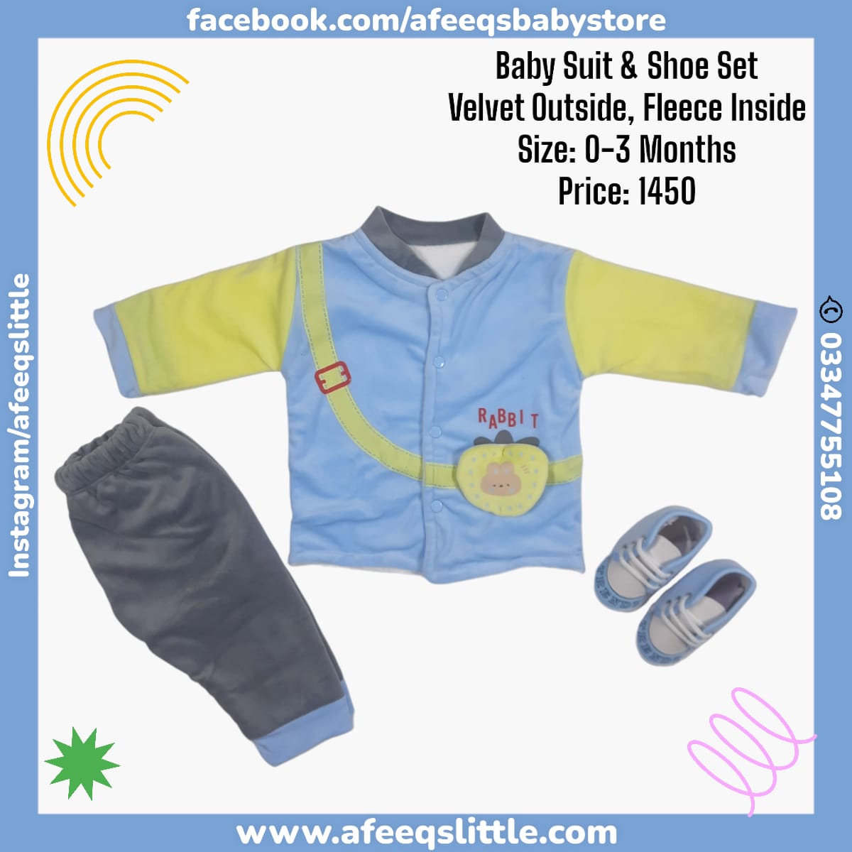 Rabbit Velvet (Outside) Fleece (Inside) Suit With Shoe 0-3Months
