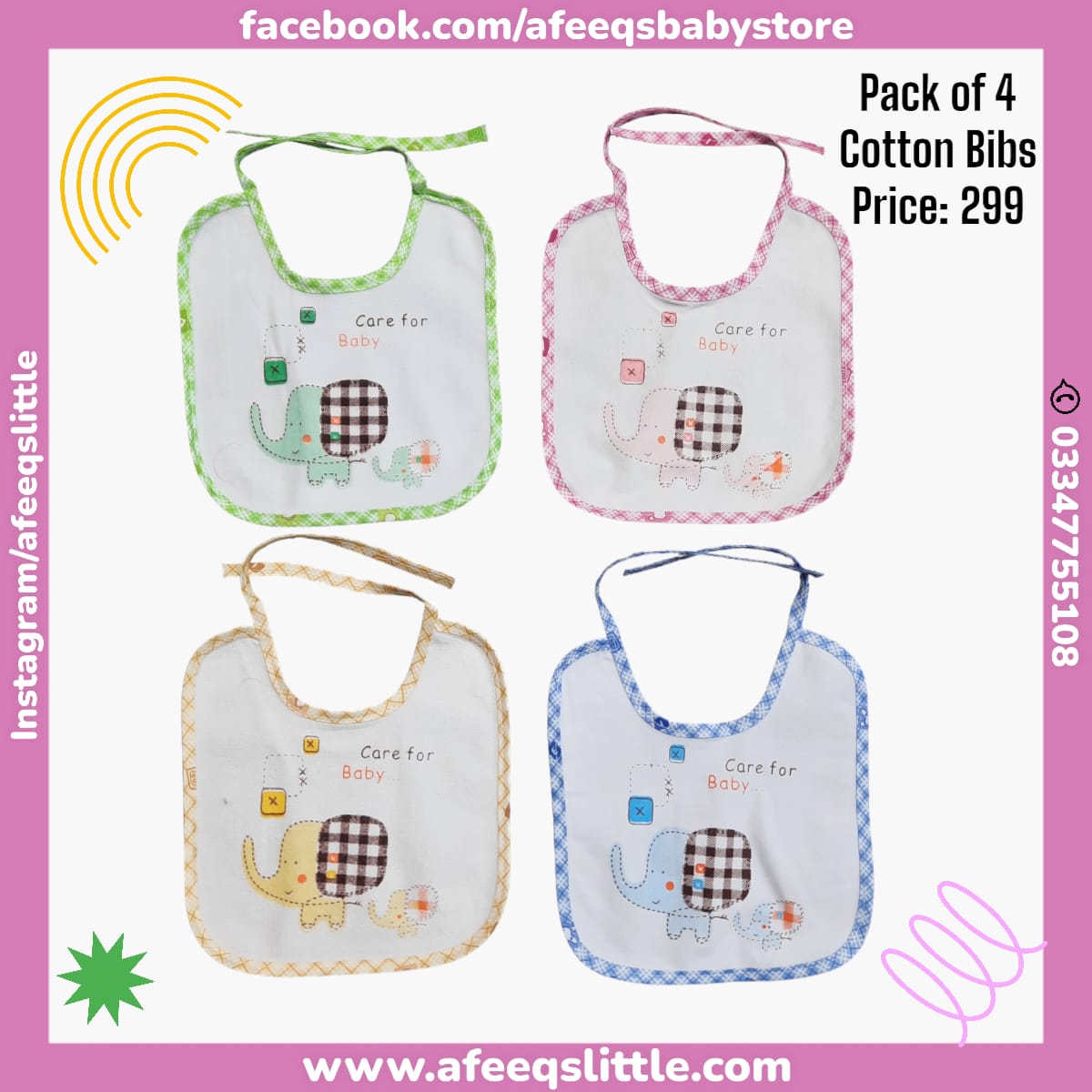 Elephant π Character Pack of 4 Cotton Bibs