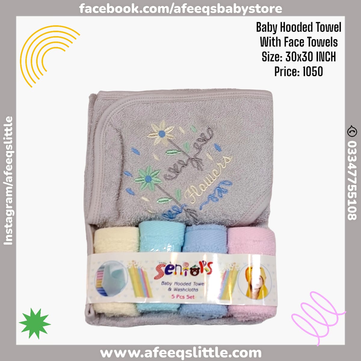 Baby Hooded Bath Towel With 4 Face Towels