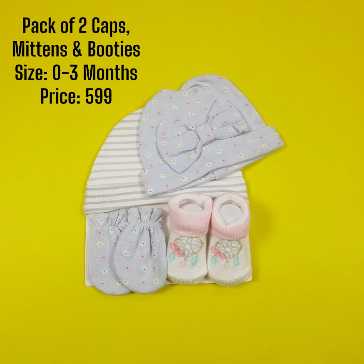 2 Caps, Booties & Mittens Set