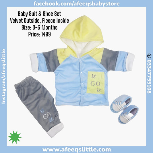 Velvet (Outside) Fleece (Inside) Hooded Suit With Shoe 0-3Months